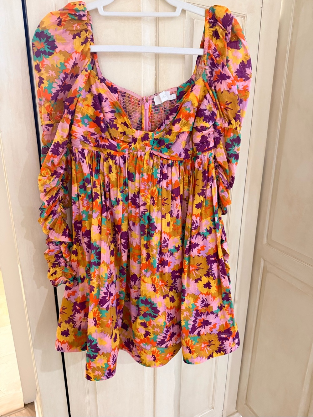 Zimmermann Multicolor Floral Puff-Sleeve Mini Dress in Orange, Pink & Purple